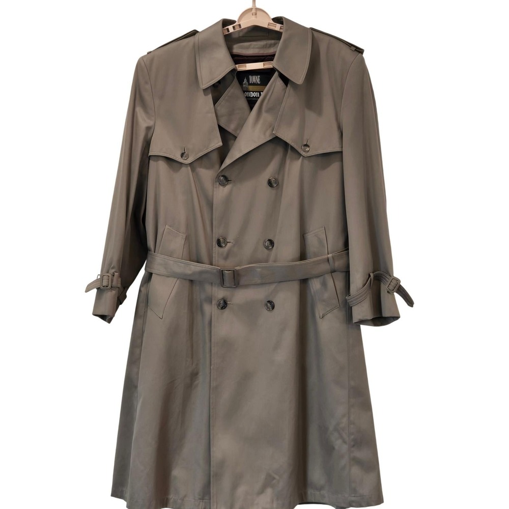 Vtg Towne‎ London Fog Mens 44R Tan Double Breasted Trench Coat Zip Lining Heavy
